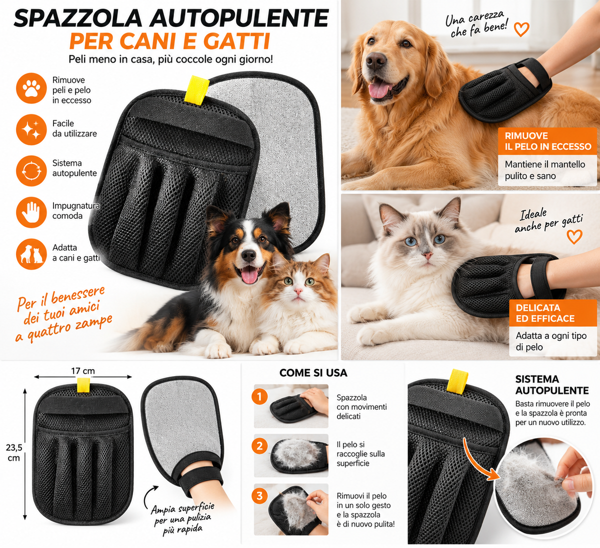 SPAZZOLA AUTOPULENTE PELI CANI E GATTI